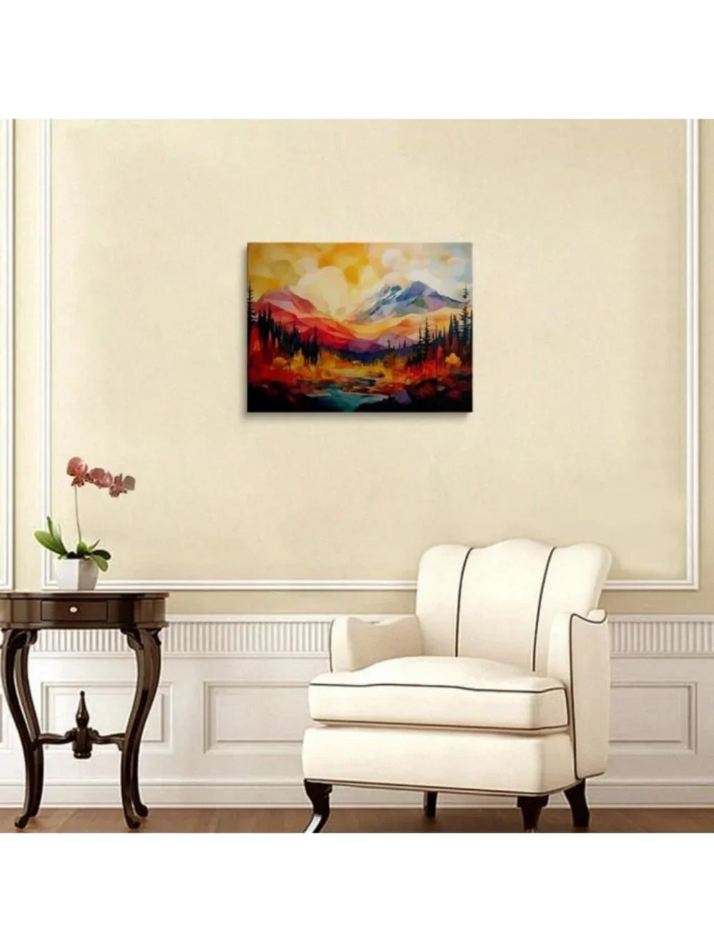 Abstract Mountain Sunset Canvas Art - Framed Geometric Peaks & River Decor 16x24